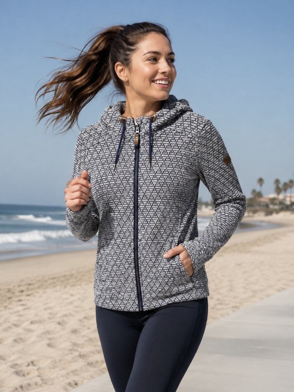 Roxy Doe Fleece Full Zip Hoodie Women’s M Blue & White Athleisure Beachy Sporty